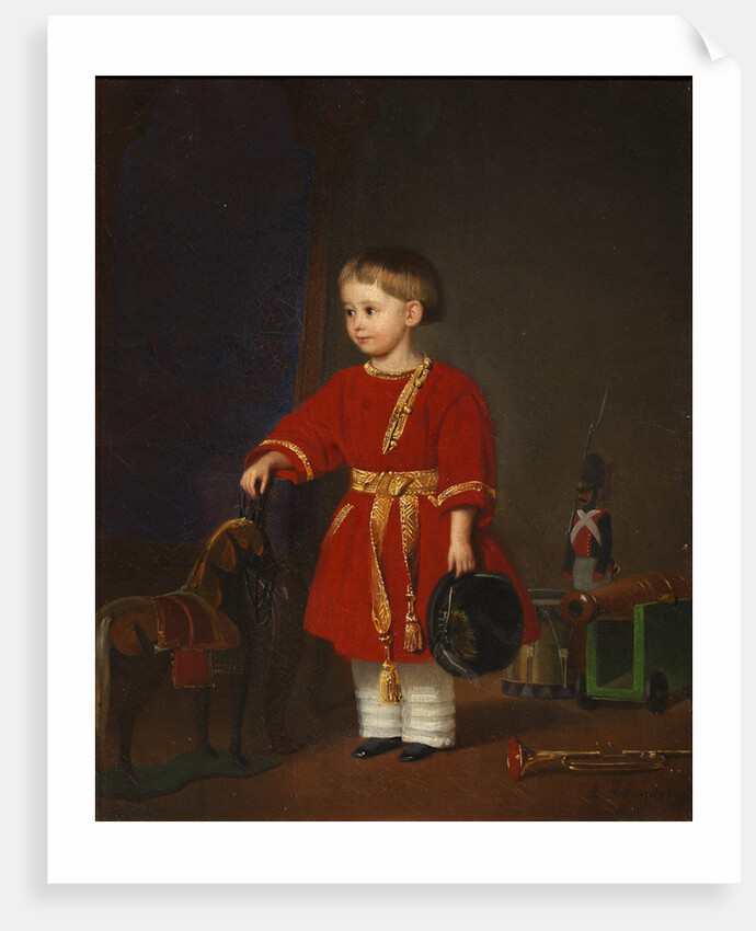 Portrait of a boy in a red dress with military toys by Anonymous