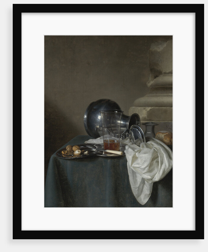 Still Life with a Pewter Jug, a glass of ale, a salt cellar and a bread roll by Anonymous
