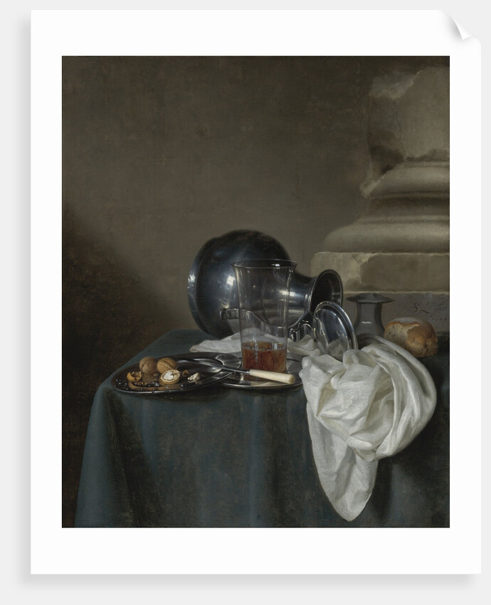 Still Life with a Pewter Jug, a glass of ale, a salt cellar and a bread roll by Anonymous