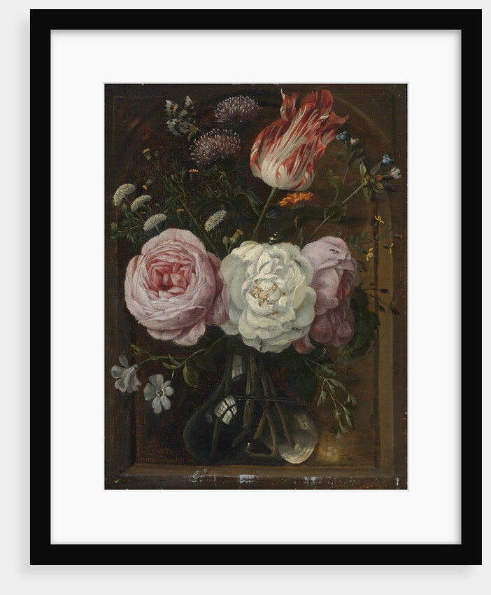 Flower still life with a tulip and roses in a glass vase by Anonymous