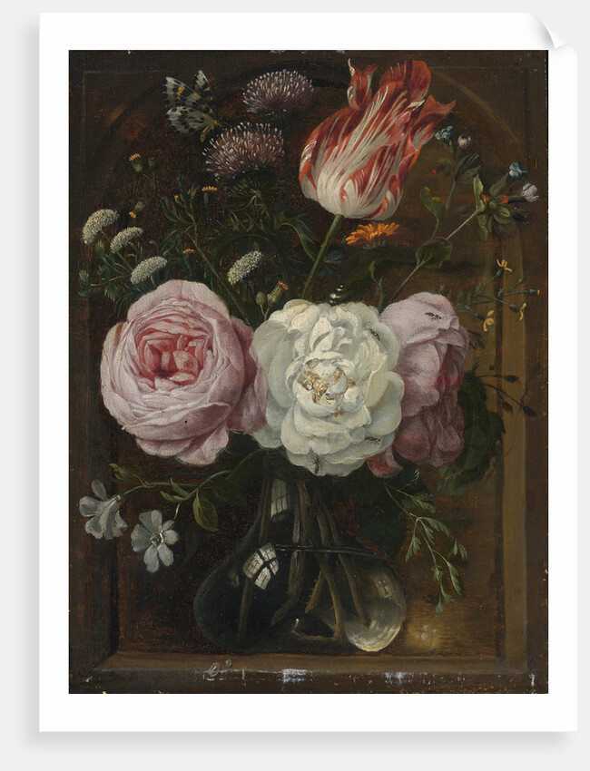 Flower still life with a tulip and roses in a glass vase by Anonymous