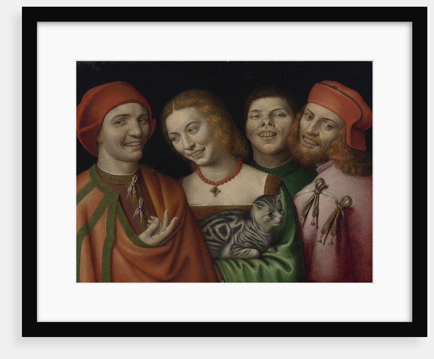 Three men with a woman holding a cat by Anonymous