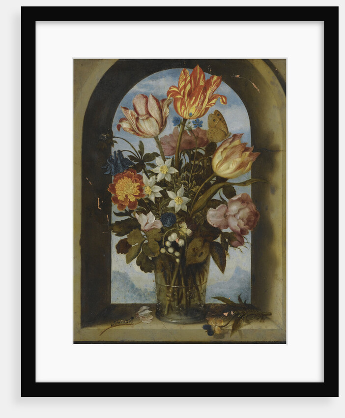 tulips, moss-roses, lily-of-the-valley and other flowers in a glass beaker set in an arched stone wi by Anonymous