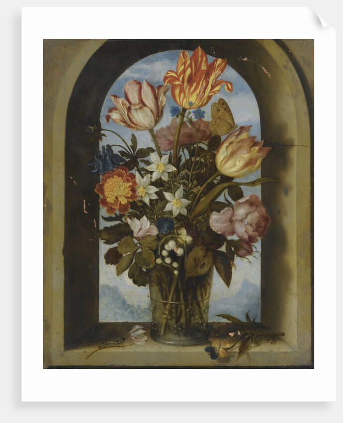 tulips, moss-roses, lily-of-the-valley and other flowers in a glass beaker set in an arched stone wi by Anonymous