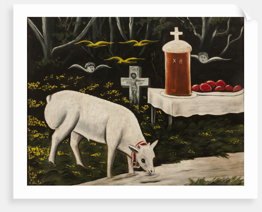 A paschal lamb and easter table with flying angels by Anonymous