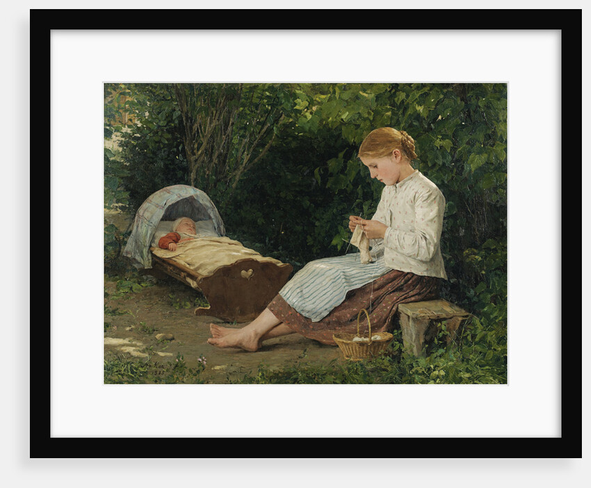 Knitting girl watching the toddler in a craddle by Anonymous