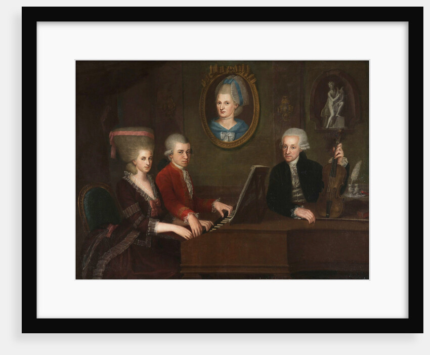 Wolfgang Amadeus Mozart with sister Maria Anna and father Leopold, on the wall a portrait of the dec by Anonymous
