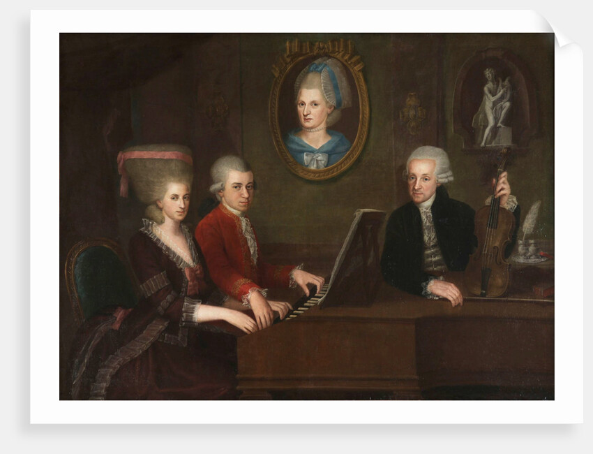 Wolfgang Amadeus Mozart with sister Maria Anna and father Leopold, on the wall a portrait of the dec by Anonymous