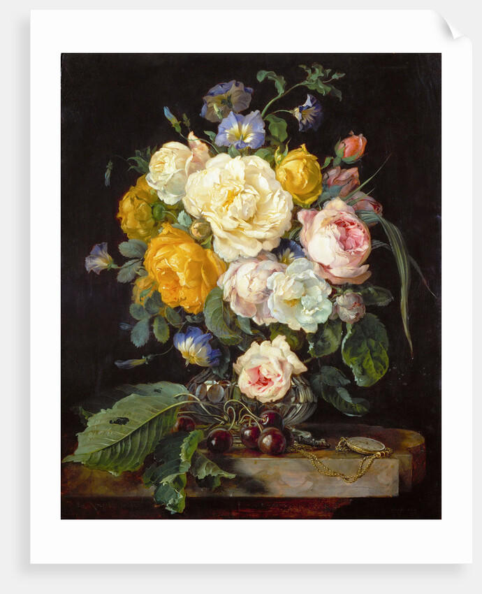 Still life with peonies, cherries and a pocket watch by Anonymous