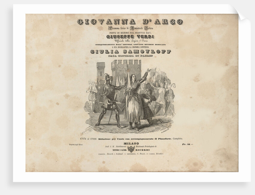 Cover of the first edition of the vocal score of opera Giovanna dArco by Giuseppe Verdi, c. 1846 by Anonymous