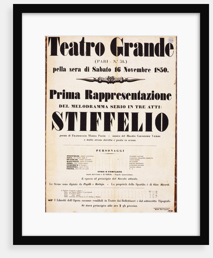Premiere Poster for the opera Stiffelio by Giuseppe Verdi in Teatro Grande, Trieste, 1850 by Anonymous
