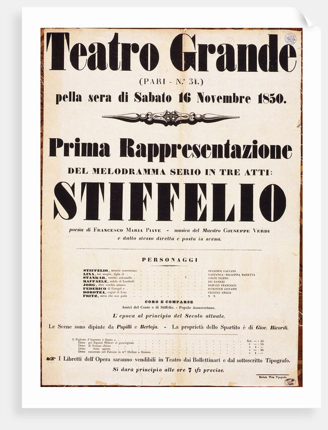 Premiere Poster for the opera Stiffelio by Giuseppe Verdi in Teatro Grande, Trieste, 1850 by Anonymous