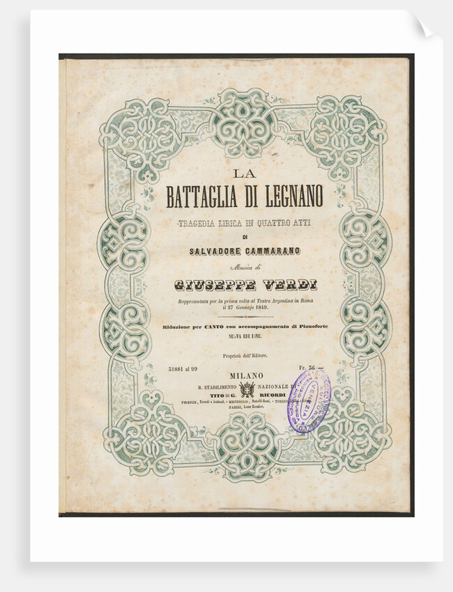 Cover of the vocal score of opera La battaglia di Legnano by Giuseppe Verdi, 1860 by Anonymous