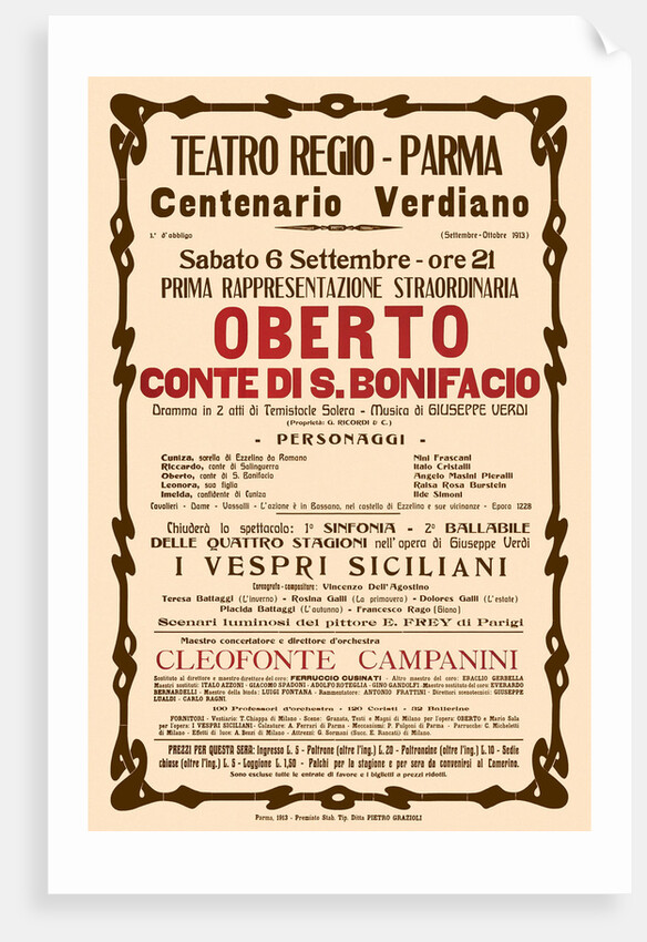 Poster for the opera Oberto conte di San Bonifacio by Giuseppe Verdi in Teatro Regio di Parma, 1913 by Anonymous