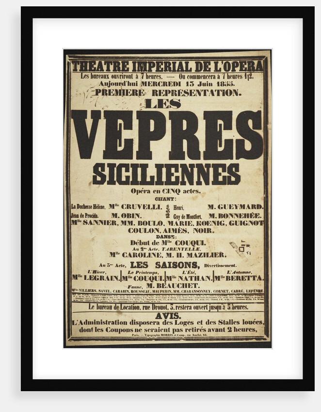 Premiere Poster for the opera Les Vêpres siciliennes by Giuseppe Verdi in Théâtre impérial de lOpér by Anonymous