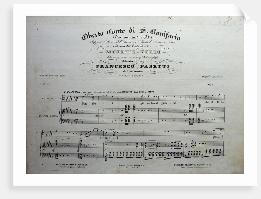 Cover of the score of the opera Oberto conte di San Bonifacio by Giuseppe Verdi, 1850 by Anonymous