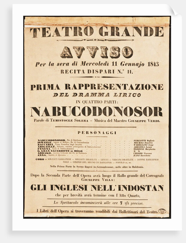 Poster for the opera Nabucco by Giuseppe Verdi in Teatro Grande on 11 January 1843, 1843 by Anonymous