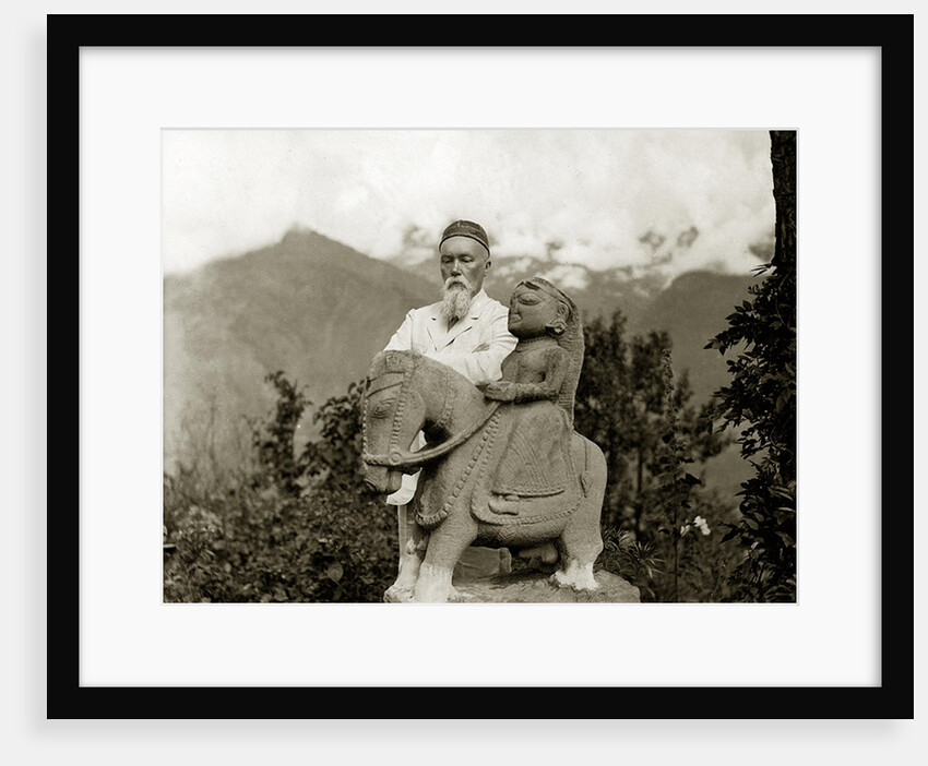 Nicholas Roerich by the equestrian statue of Guga Chauhan at the Kullu Valley, 1932-1933 by Anonymous