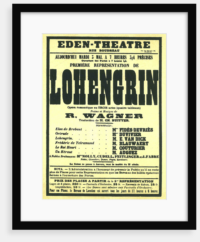 Premiere Poster for the opera Lohengrin by Richard Wagner in the Éden Théâtre, Paris, 1887 by Anonymous