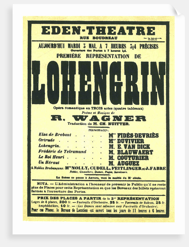 Premiere Poster for the opera Lohengrin by Richard Wagner in the Éden Théâtre, Paris, 1887 by Anonymous