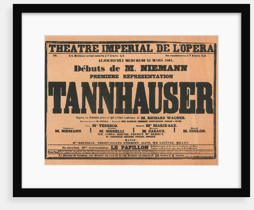 Premiere Poster for the opera Tannhäuser by Richard Wagner in the Opéra de Paris, 1861 by Anonymous