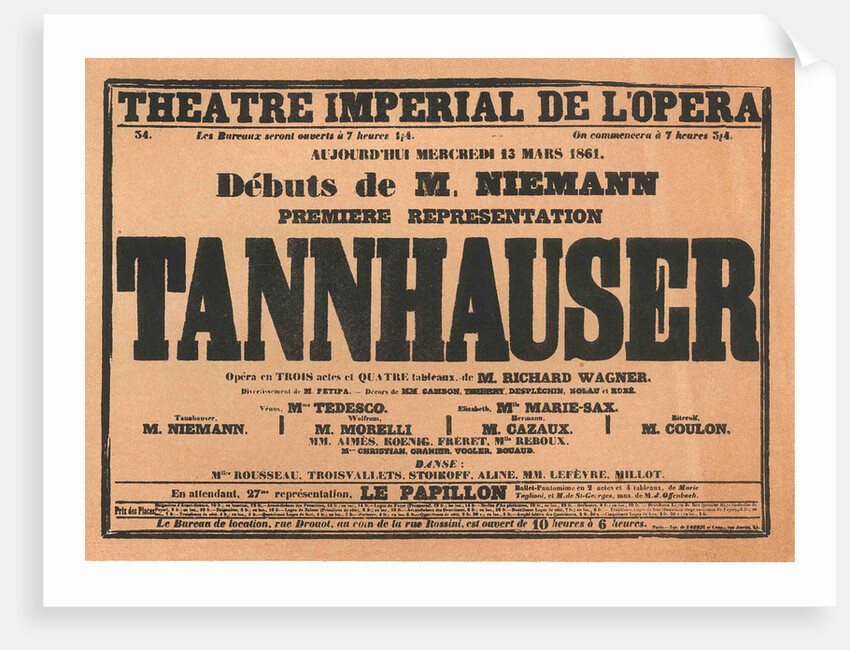 Premiere Poster for the opera Tannhäuser by Richard Wagner in the Opéra de Paris, 1861 by Anonymous