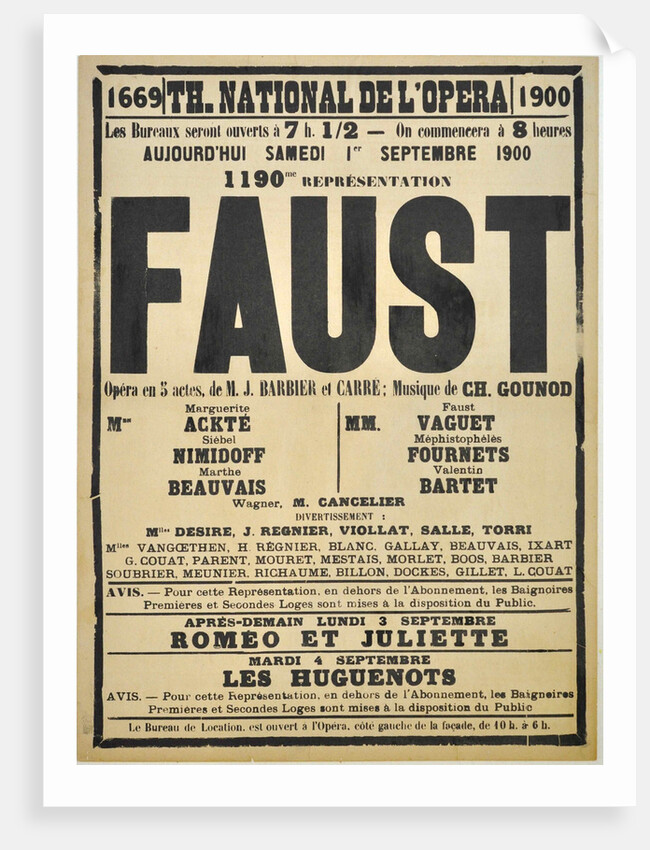 Poster for the Opera Faust by Charles Gounod at the Théâtre national de lOpéra, September 1900, 1 by Anonymous