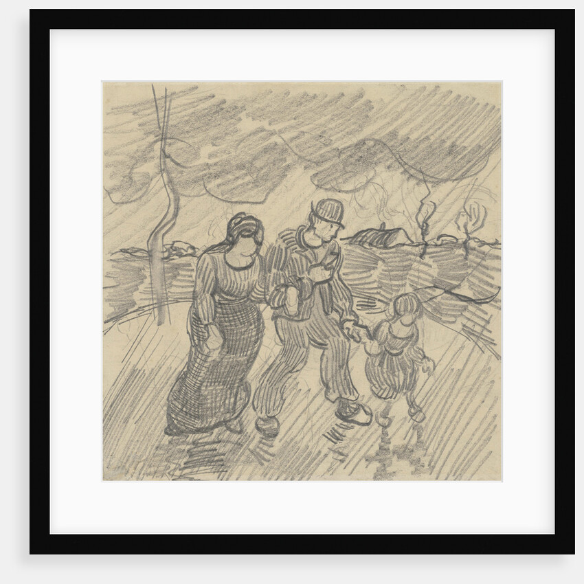 Strolling couple with child on a road in the rain, 1890 by Anonymous