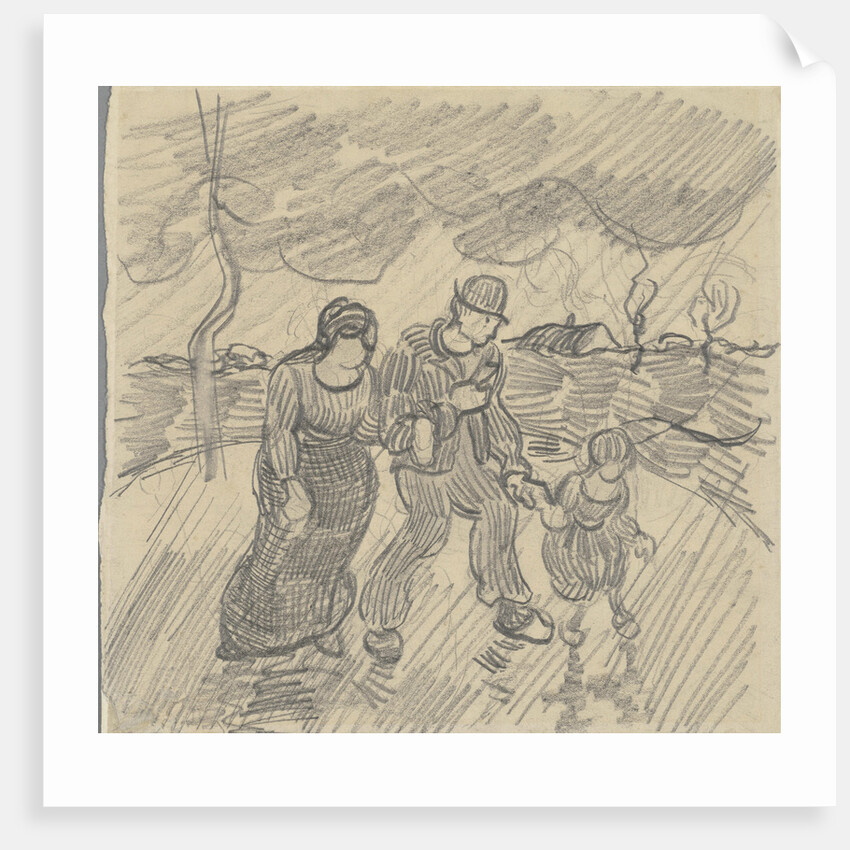 Strolling couple with child on a road in the rain, 1890 by Anonymous