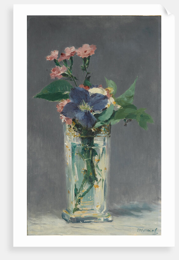 Carnations and clematis in a crystal vase, c. 1882 by Anonymous