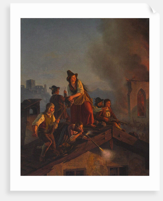 A Tyrolean peasant family defends their house against attacking soldiers. (Scene from the 1809 Tyrol by Anonymous