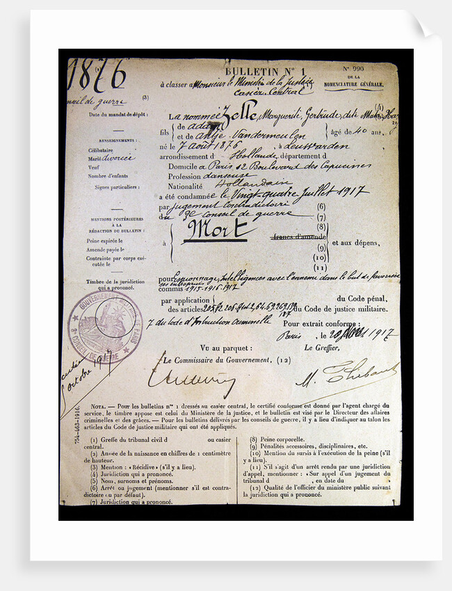 The official death sentence of Mata Hari, 1917 by Anonymous