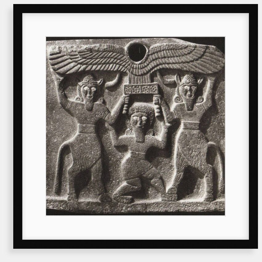 Orthostates depicting Gilgamesh between two minotaur demigods holding up the sun disc by Anonymous