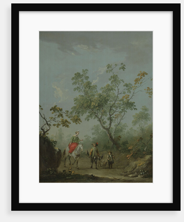 Forest landscape with a lady on horseback, a falconer and a huntsman by Anonymous