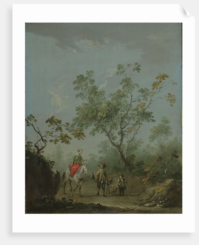 Forest landscape with a lady on horseback, a falconer and a huntsman by Anonymous