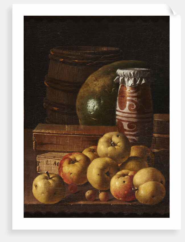 Still life with apples, strawberries, watermelon, box of sweets, jar of honey and barrel, Mid of the by Anonymous