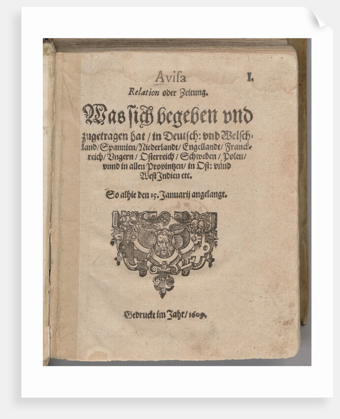 Aviso. Relation oder Zeitung. Title page of the first edition, 1609 by Anonymous