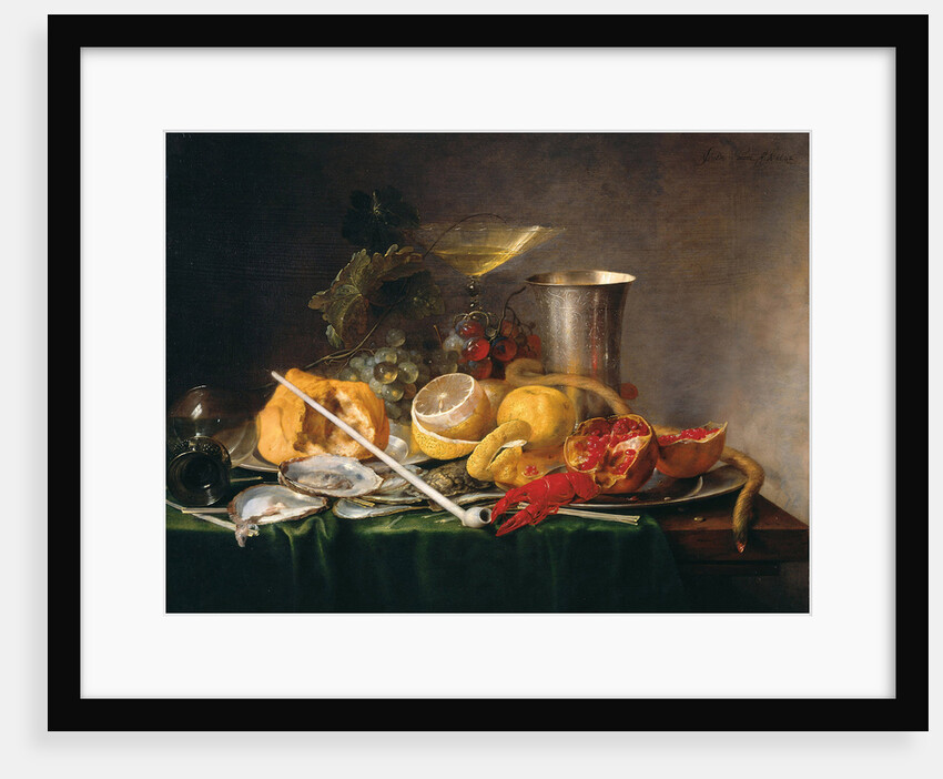 Breakfast with champagne glass and pipe, by Anonymous