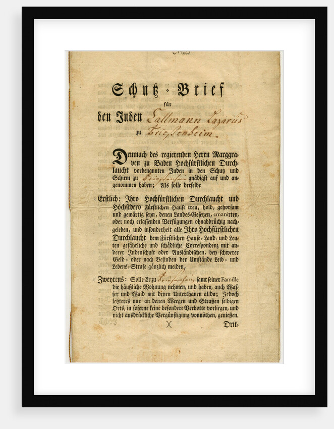 Letter of Protection for Callmann Lazarus from Friesenheim in Baden, 1777 by Anonymous