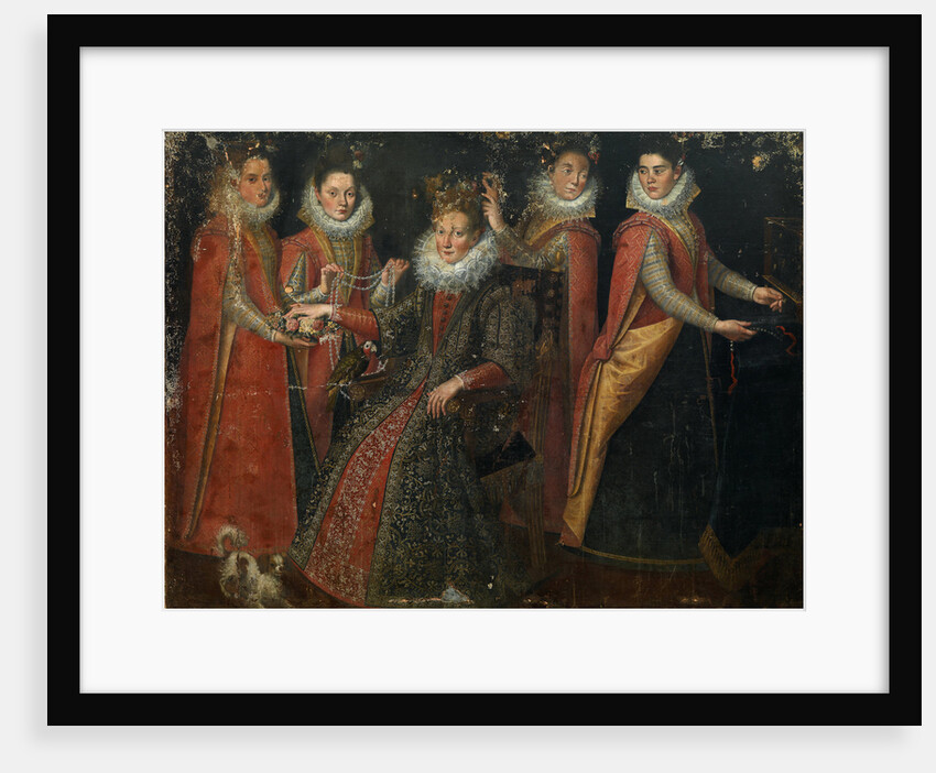 Portrait of five women with a dog and parrot, by Anonymous