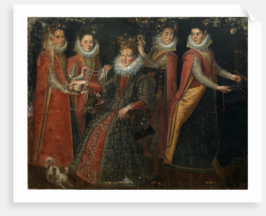 Portrait of five women with a dog and parrot, by Anonymous