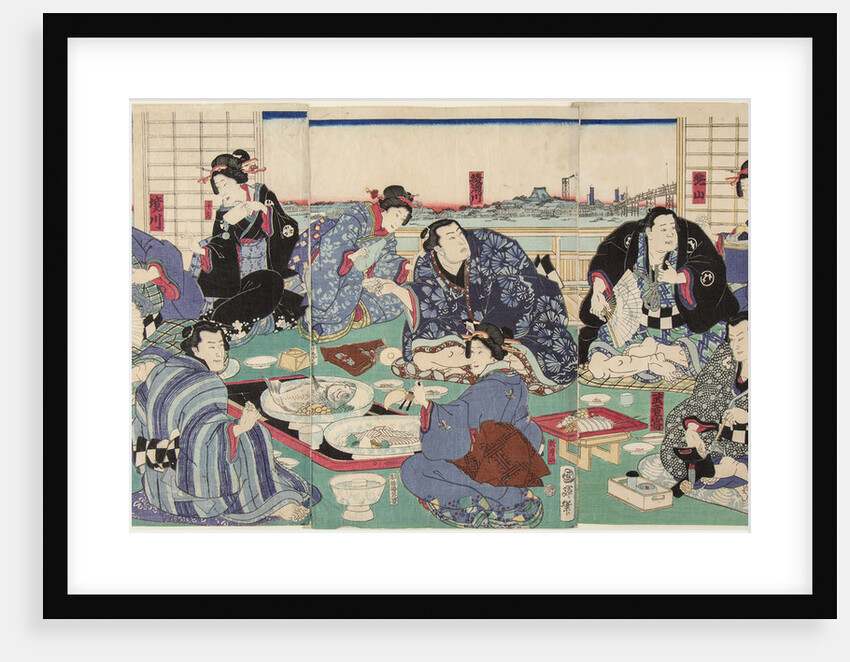 Sumo wrestler Sakaigawa Namiemon (to the left), with other sumo wrestlers and geishas at a party by Anonymous