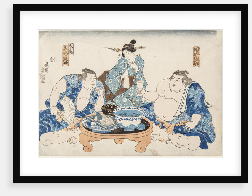 Sumo Wrestlers Kuroiwa and Zogahana with a geisha, ca 1845 by Anonymous