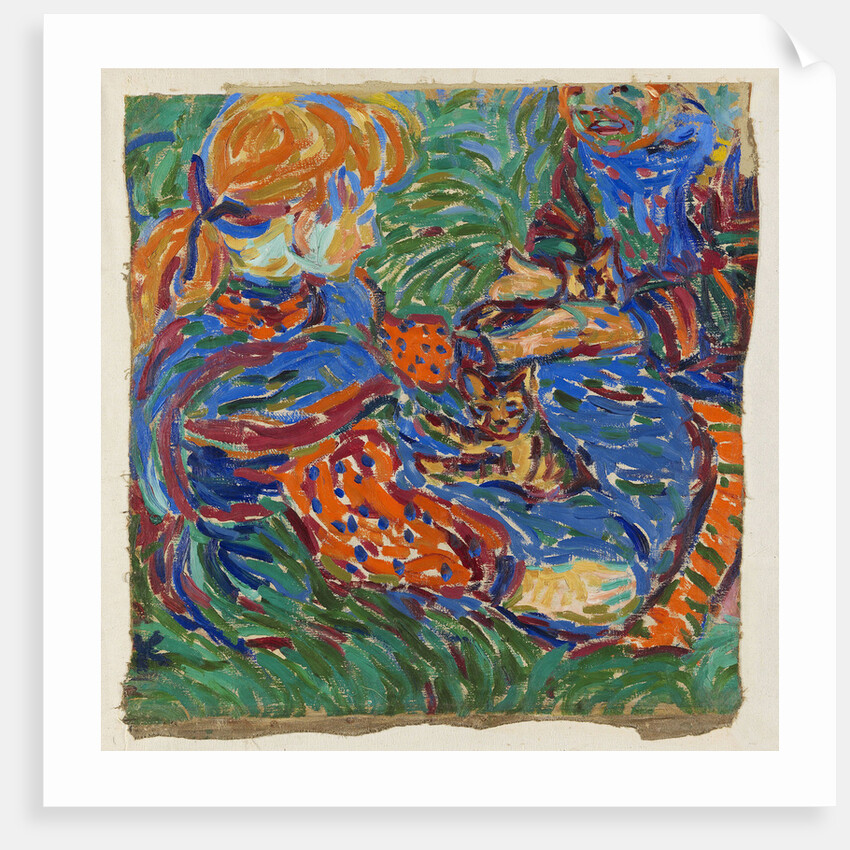 Two girls playing with cat, 1907 by Anonymous