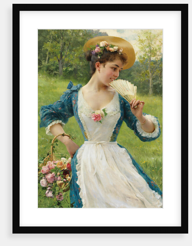 Young beauty with a basket of roses, by Anonymous
