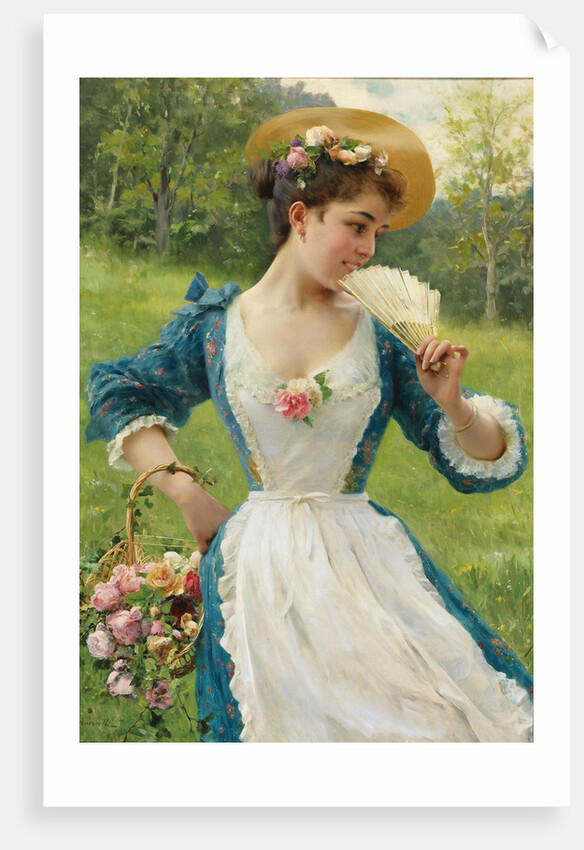 Young beauty with a basket of roses, by Anonymous