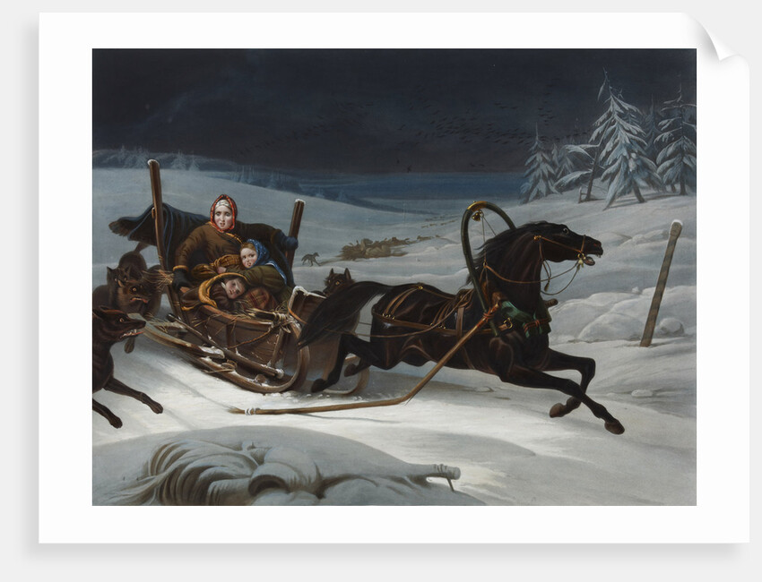 Sleigh of a Russian family pursued by wolves, 1830s by Anonymous