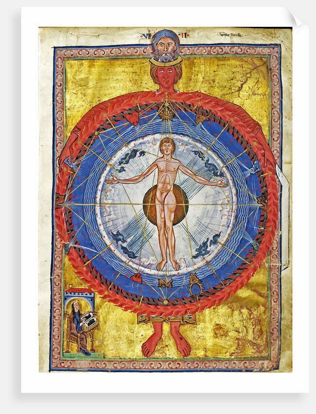 The Cosmic Spheres and Human Being. (Vision from Liber Divinorum Operum), ca 1220-1230 by Anonymous