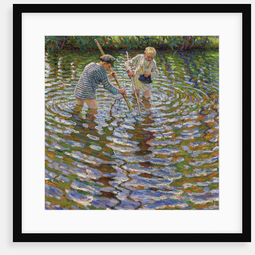Young boys fishing for crayfish by Anonymous