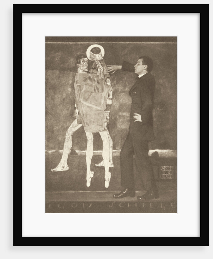 Egon Schiele by the sketch of an unfinished fresco, 1914 by Anonymous